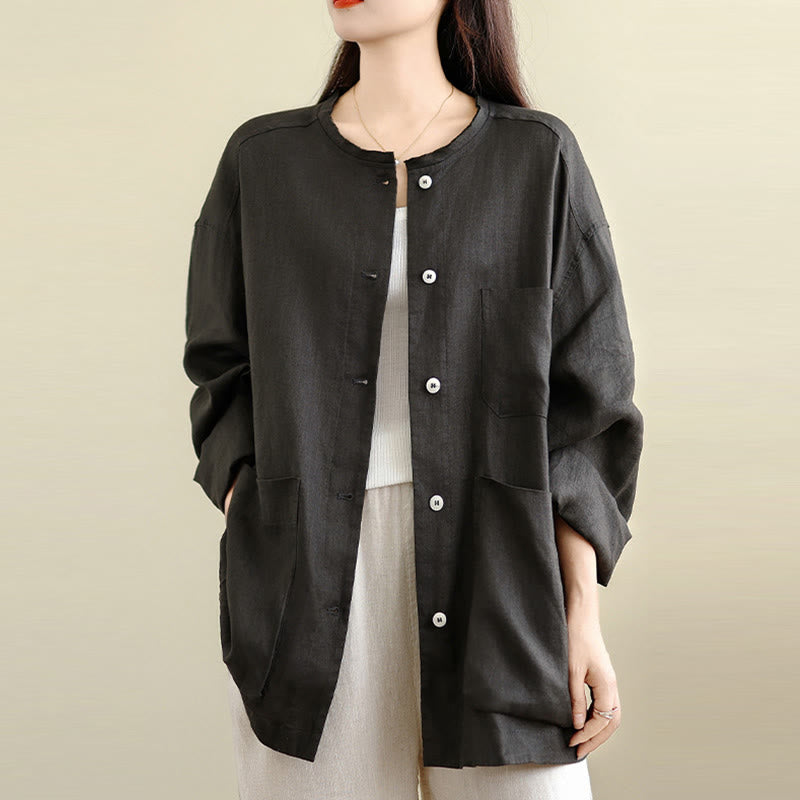 Buddha Stones Camisa de algodón lisa de manga larga con cuello redondo y bolsillos para mujer - image 2