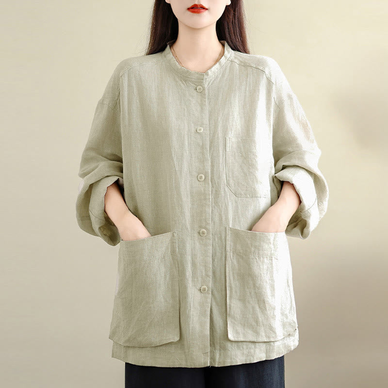 Buddha Stones Camisa de algodón lisa de manga larga con cuello redondo y bolsillos para mujer - image 11