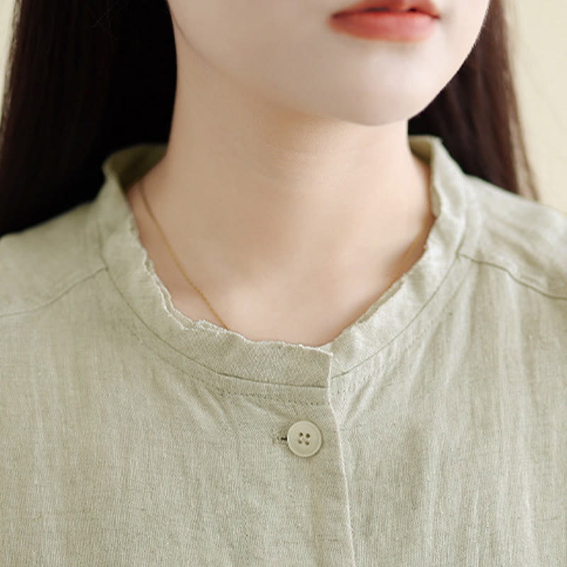 Buddha Stones Camisa de algodón lisa de manga larga con cuello redondo y bolsillos para mujer - image 13