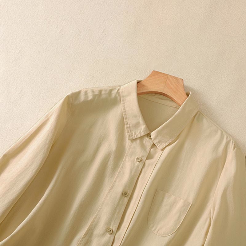 Buddha Stones Camisa de algodón con solapa de primavera, manga larga, lisa, con botones y bolsillos para mujer - image 11