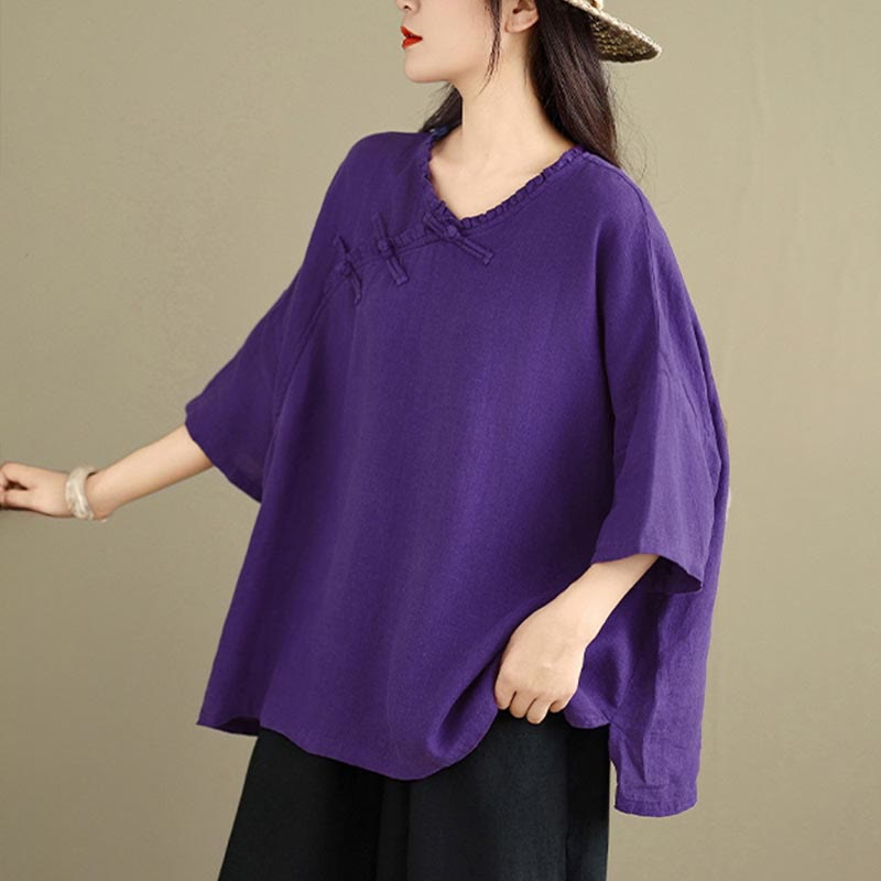 Buddha Stones Camisa de algodón lisa de manga larga con cuello en V y botones de rana para mujer - image 15