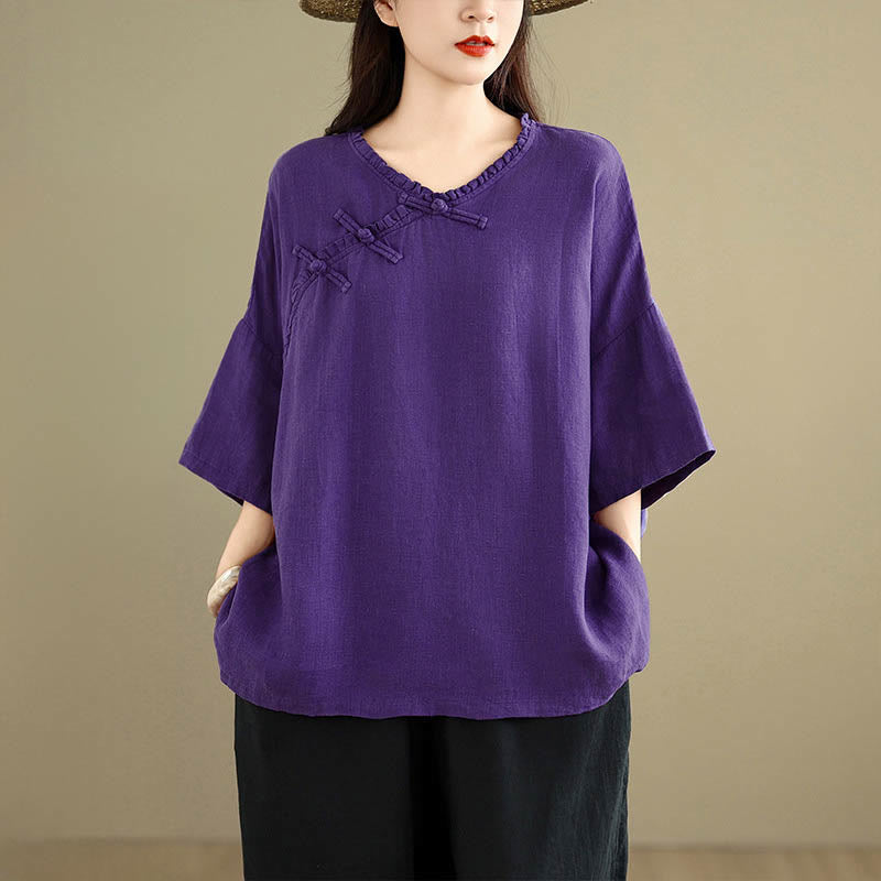 Buddha Stones Camisa de algodón lisa de manga larga con cuello en V y botones de rana para mujer - image 13