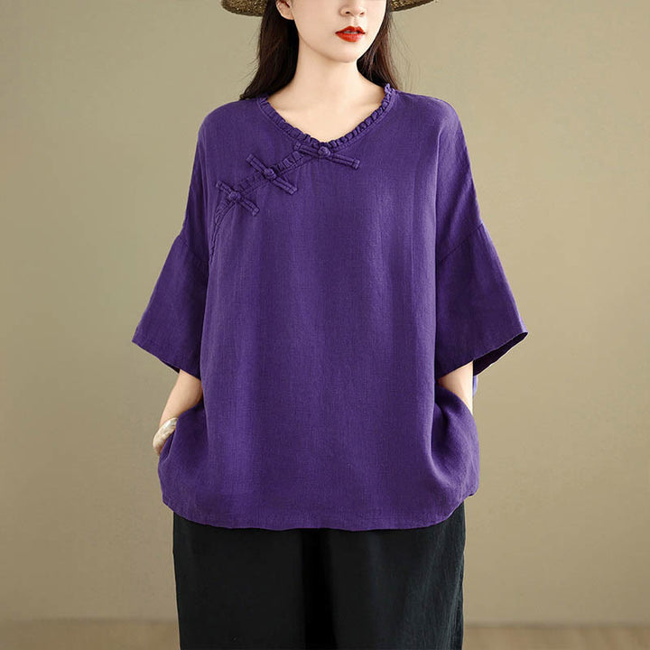 Buddha Stones Camisa de algodón lisa de manga larga con cuello en V y botones de rana para mujer - image 13