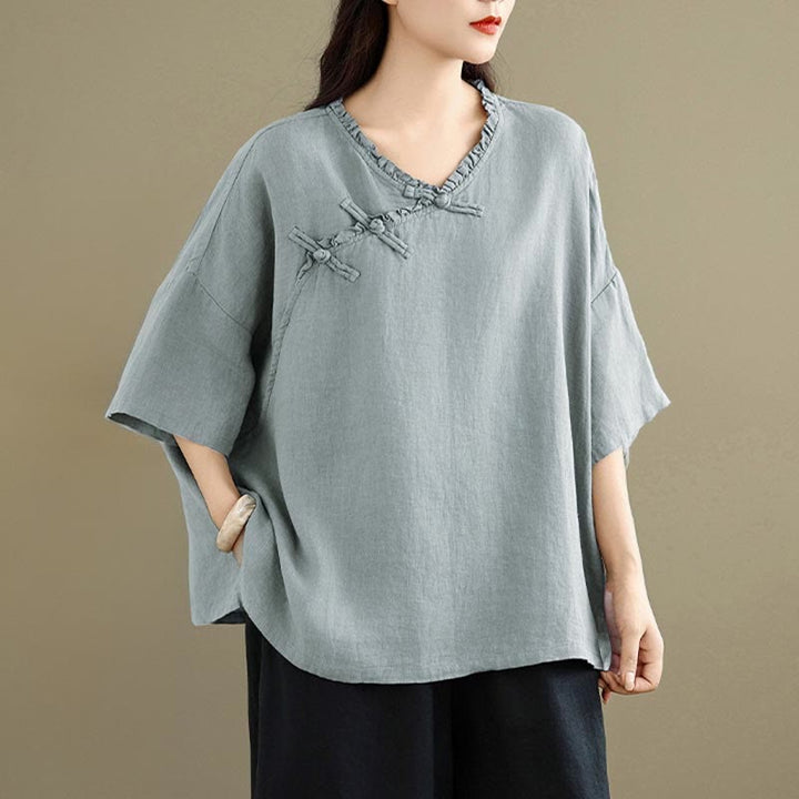 Buddha Stones Camisa de algodón lisa de manga larga con cuello en V y botones de rana para mujer - image 2