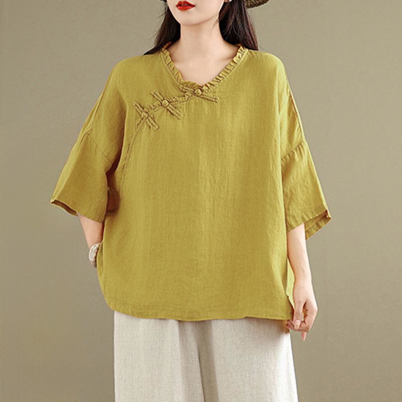 Buddha Stones Camisa de algodón lisa de manga larga con cuello en V y botones de rana para mujer - vara de oro - US8-10，UK/AU12-14，EU40-42 (2XL) - image 6