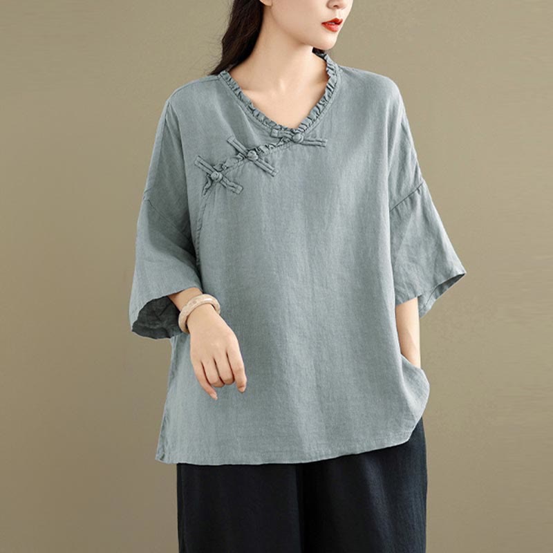 Buddha Stones Camisa de algodón lisa de manga larga con cuello en V y botones de rana para mujer - image 1