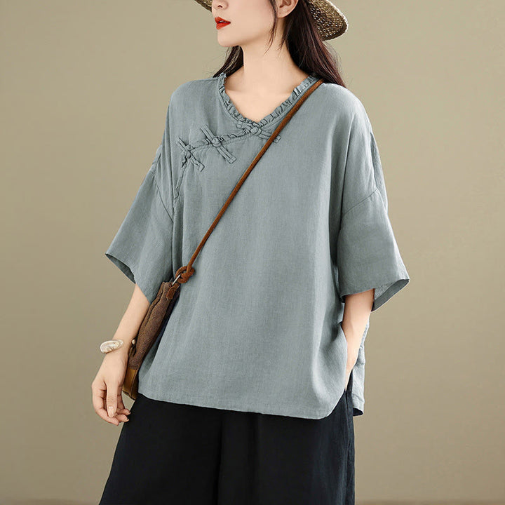 Buddha Stones Camisa de algodón lisa de manga larga con cuello en V y botones de rana para mujer - Azul claro - US8-10，UK/AU12-14，EU40-42 (2XL) - image 0