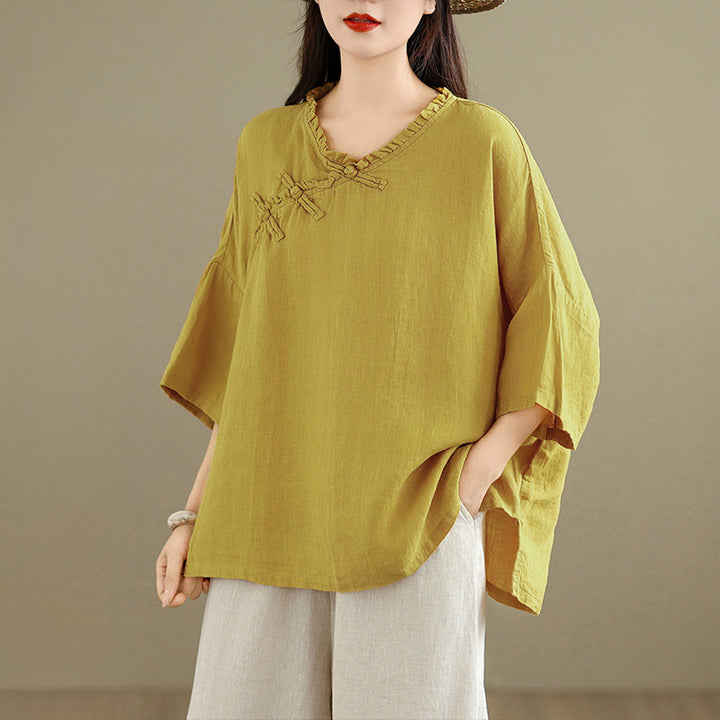 Buddha Stones Camisa de algodón lisa de manga larga con cuello en V y botones de rana para mujer - image 10