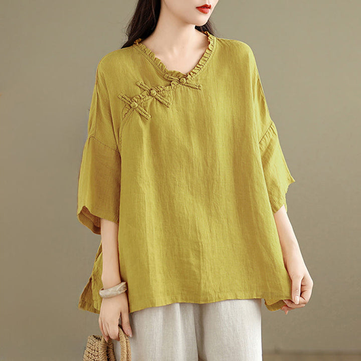 Buddha Stones Camisa de algodón lisa de manga larga con cuello en V y botones de rana para mujer - image 8