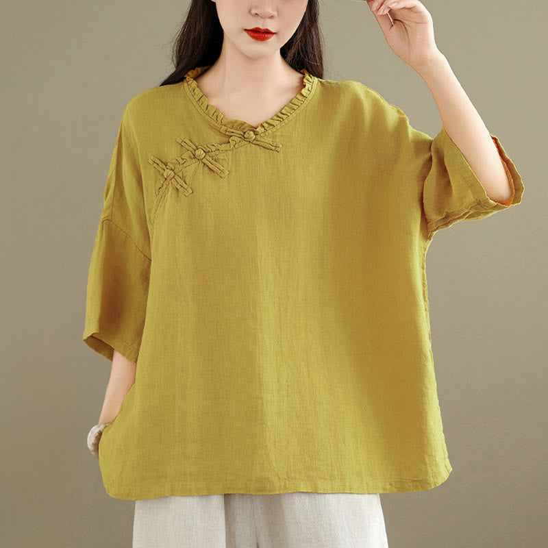 Buddha Stones Camisa de algodón lisa de manga larga con cuello en V y botones de rana para mujer - image 7