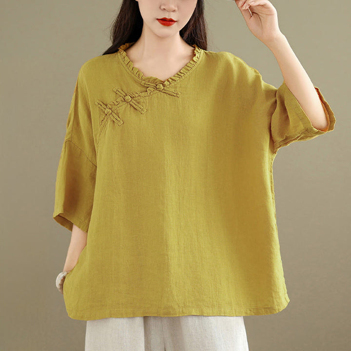 Buddha Stones Camisa de algodón lisa de manga larga con cuello en V y botones de rana para mujer - image 7