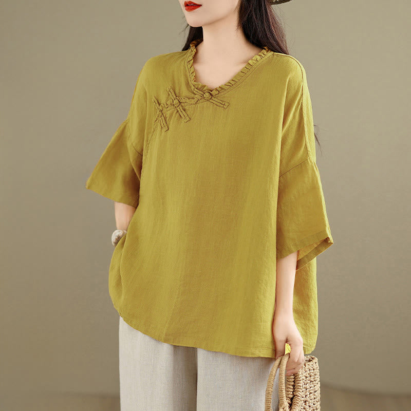 Buddha Stones Camisa de algodón lisa de manga larga con cuello en V y botones de rana para mujer - image 9