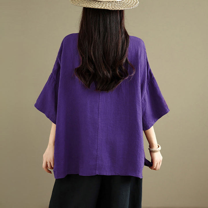 Buddha Stones Camisa de algodón lisa de manga larga con cuello en V y botones de rana para mujer - image 17