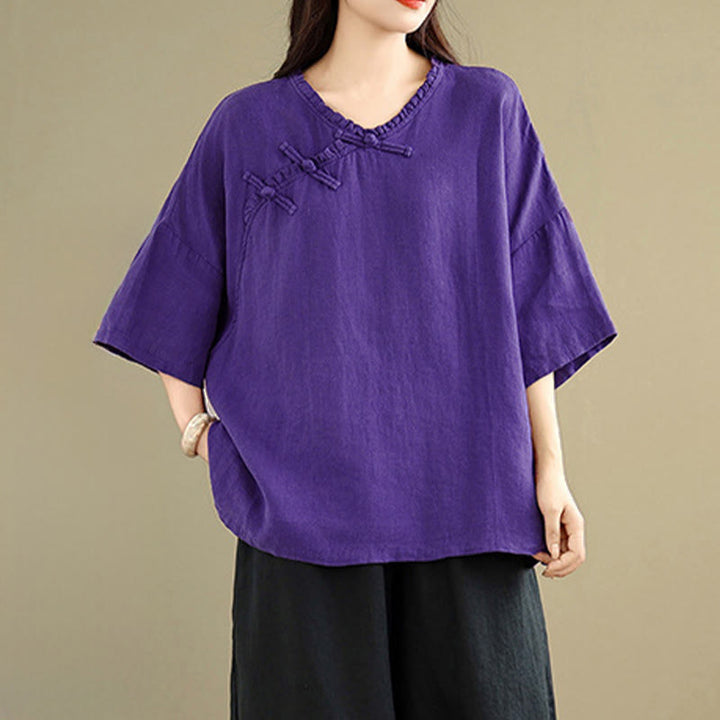 Buddha Stones Camisa de algodón lisa de manga larga con cuello en V y botones de rana para mujer - Índigo - US8-10，UK/AU12-14，EU40-42 (2XL) - image 12
