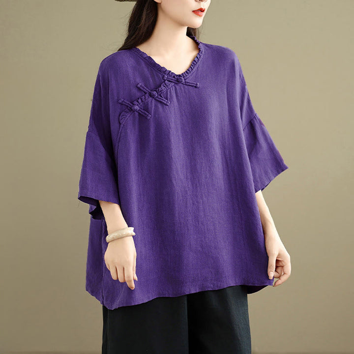 Buddha Stones Camisa de algodón lisa de manga larga con cuello en V y botones de rana para mujer - image 14