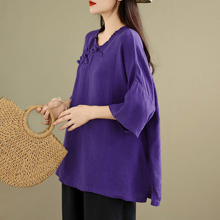 Buddha Stones Camisa de algodón lisa de manga larga con cuello en V y botones de rana para mujer - image 16