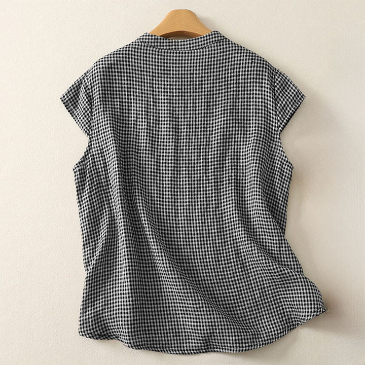 Buddha Stones Camisa de algodón a cuadros de manga corta con cuello redondo y botones de rana para mujer de verano - image 1