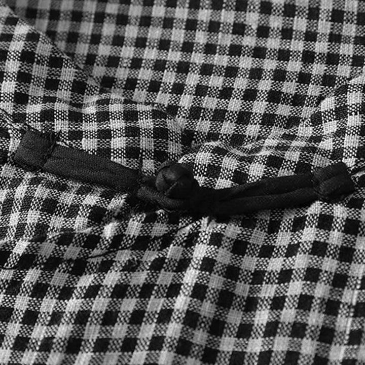 Buddha Stones Camisa de algodón a cuadros de manga corta con cuello redondo y botones de rana para mujer de verano - image 4