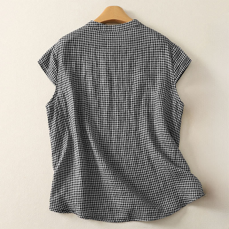 Camisa de mujer de manga corta a cuadros con cuello redondo y botones de rana, modelo Buddha Stones Summer.  - image 1