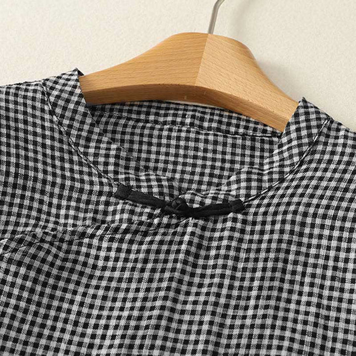 Buddha Stones Camisa de algodón a cuadros de manga corta con cuello redondo y botones de rana para mujer de verano - image 3