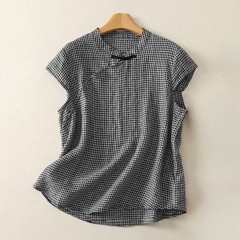 Camisa de mujer de manga corta a cuadros con cuello redondo y botones de rana, modelo Buddha Stones Summer.  - Negro - US8-10，UK/AU12-14，EU40-42 (2XL) - image 0