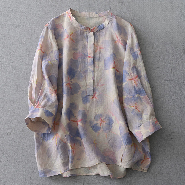 Buddha Stones Camisa de poliéster para mujer, manga larga, cuello redondo y estampado floral de primavera - Azul pizarra medio - US8-10，UK/AU12-14，EU40-42 (2XL) - image 1