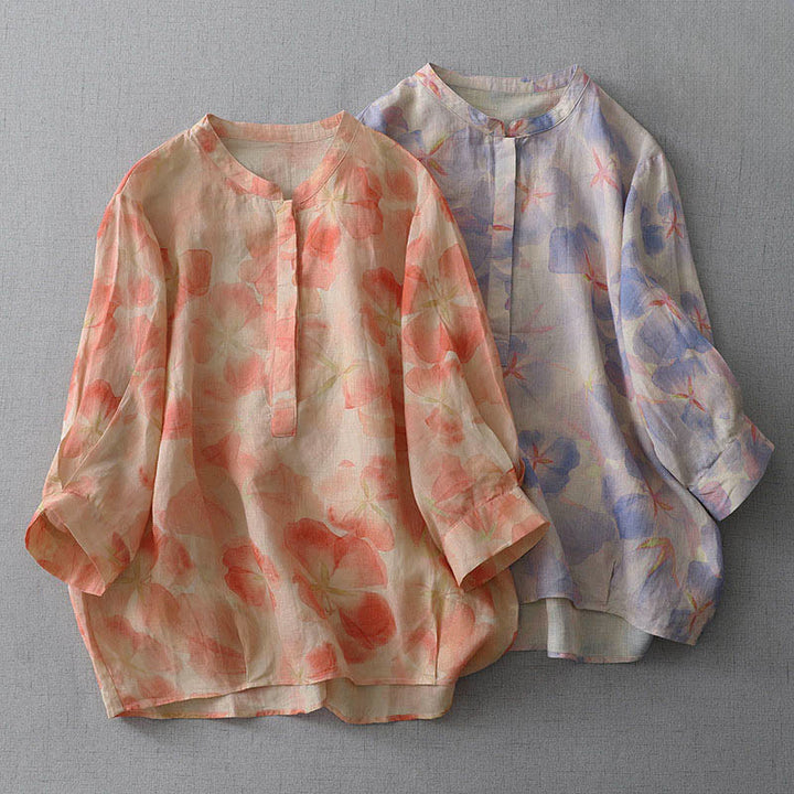 Buddha Stones Camisa de poliéster para mujer, manga larga, cuello redondo y estampado floral de primavera - image 0