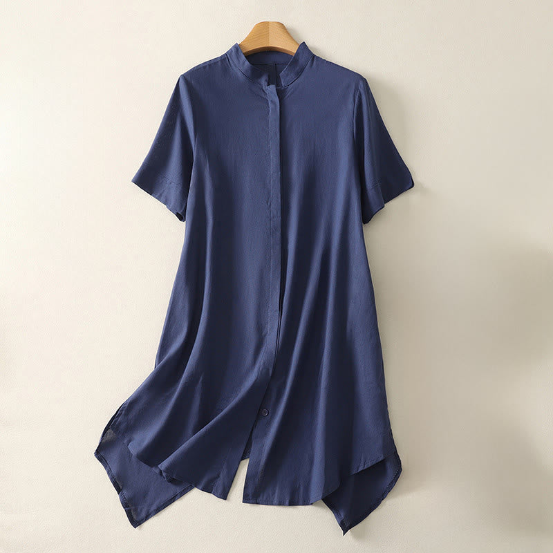 Buddha Stones Camisa de algodón con cuello alto, manga corta, botones y bolsillo para mujer de verano - Azul oscuro - US8-10，UK/AU12-14，EU40-42 (2XL) - image 0