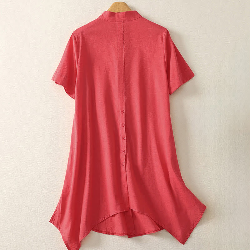 Buddha Stones Camisa de algodón con cuello alto, manga corta, botones y bolsillo para mujer de verano - image 6