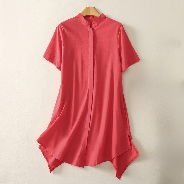 Buddha Stones Camisa de algodón con cuello alto, manga corta, botones y bolsillo para mujer de verano - Rojo - US8-10，UK/AU12-14，EU40-42 (2XL) - image 5