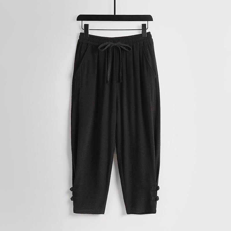Buddha Stones Pantalones de lino y algodón para hombre, con cintura elástica, cordón ajustable y botones de rana, hasta el tobillo, con bolsillos, para verano - Negro - US/UK/AU54, EU64 (9XL) - image 10