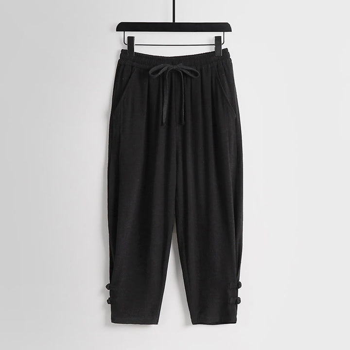 Buddha Stones Pantalones de lino y algodón para hombre, con cintura elástica, cordón ajustable y botones de rana, hasta el tobillo, con bolsillos, para verano - Negro - US/UK/AU54, EU64 (9XL) - image 10