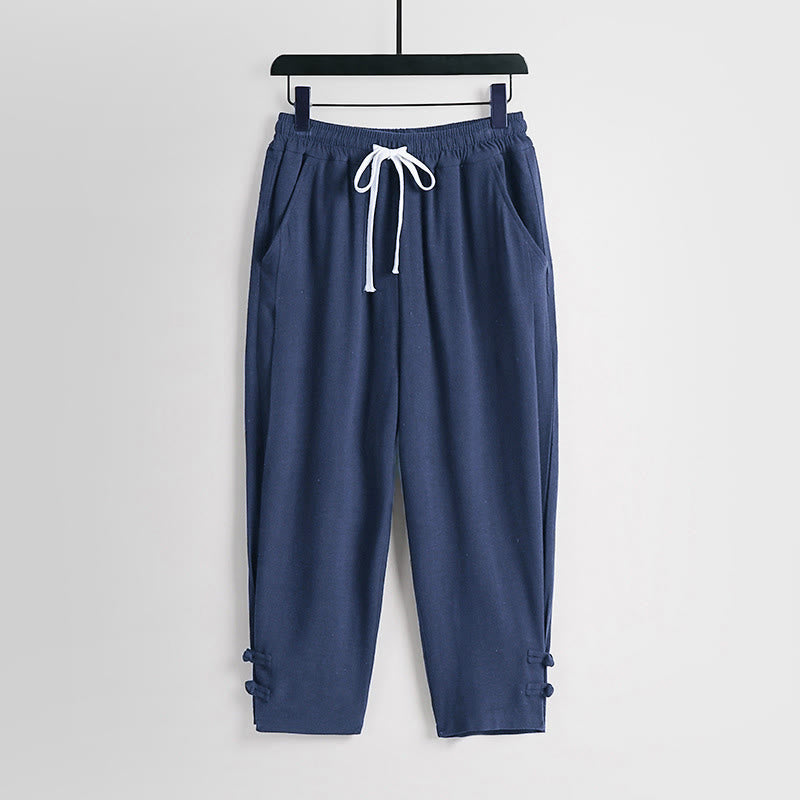 Buddha Stones Pantalones de lino y algodón para hombre, con cintura elástica, cordón ajustable y botones de rana, hasta el tobillo, con bolsillos, para verano - Azul acero - US/UK/AU54, EU64 (9XL) - image 12