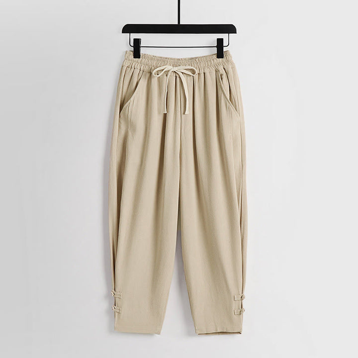 Buddha Stones Pantalones de lino y algodón para hombre, con cintura elástica, cordón ajustable y botones de rana, hasta el tobillo, con bolsillos, para verano - Sopa de mariscos - US/UK/AU54, EU64 (9XL) - image 11
