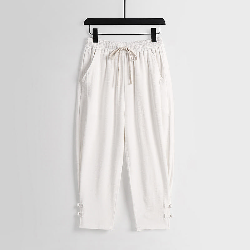 Buddha Stones Pantalones de lino y algodón para hombre, con cintura elástica, cordón ajustable y botones de rana, hasta el tobillo, con bolsillos, para verano - Blanco - US/UK/AU54, EU64 (9XL) - image 13