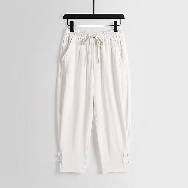 Buddha Stones Pantalones de lino y algodón para hombre, con cintura elástica, cordón ajustable y botones de rana, hasta el tobillo, con bolsillos, para verano - Blanco - US/UK/AU54, EU64 (9XL) - image 13