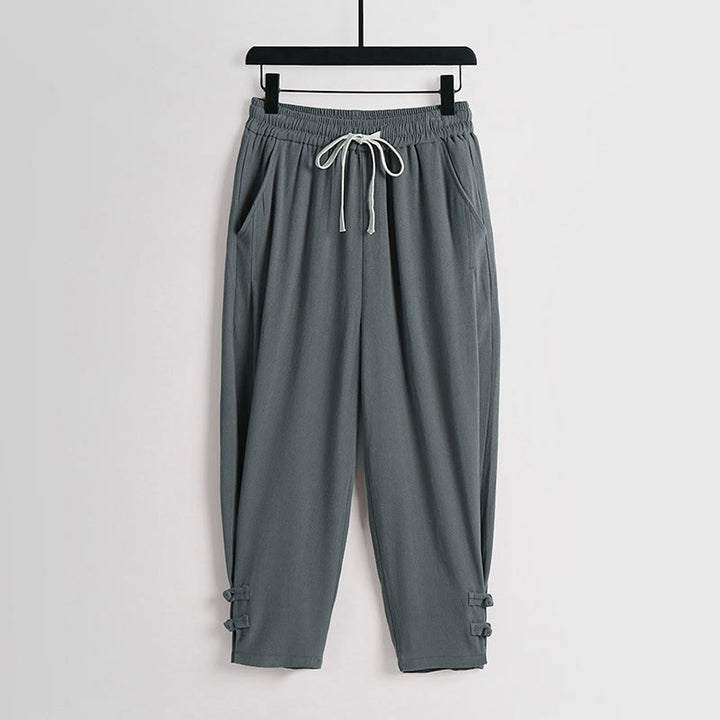 Buddha Stones Pantalones de lino y algodón para hombre, con cintura elástica, cordón ajustable y botones de rana, hasta el tobillo, con bolsillos, para verano - Azul cadete - US/UK/AU54, EU64 (9XL) - image 0