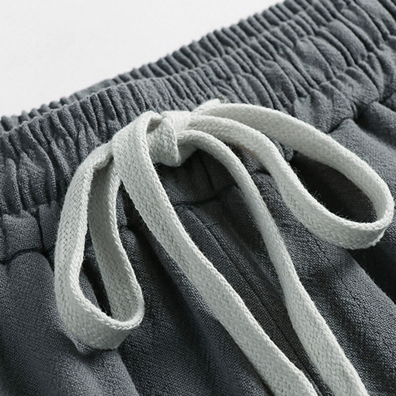 Buddha Stones Pantalones de lino y algodón para hombre, con cintura elástica, cordón ajustable y botones de rana, hasta el tobillo, con bolsillos, para verano - image 3
