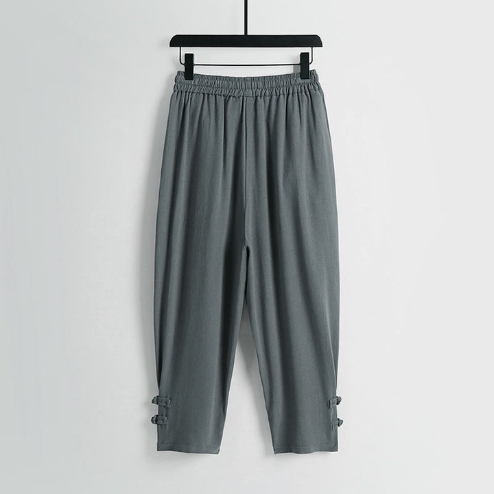 Buddha Stones Pantalones de lino y algodón para hombre, con cintura elástica, cordón ajustable y botones de rana, hasta el tobillo, con bolsillos, para verano - image 1