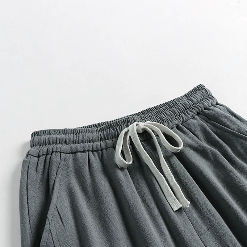 Buddha Stones Pantalones de lino y algodón para hombre, con cintura elástica, cordón ajustable y botones de rana, hasta el tobillo, con bolsillos, para verano - image 2