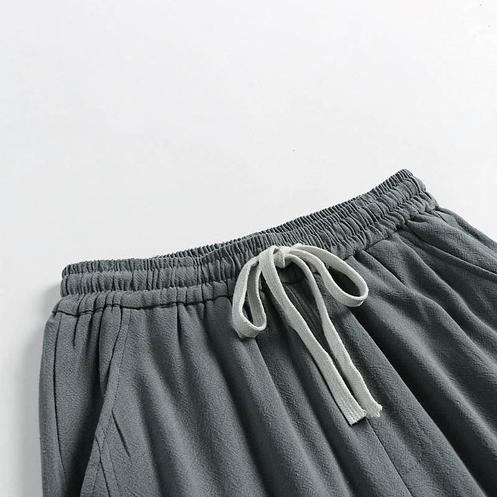 Buddha Stones Pantalones de lino y algodón para hombre, con cintura elástica, cordón ajustable y botones de rana, hasta el tobillo, con bolsillos, para verano - image 2