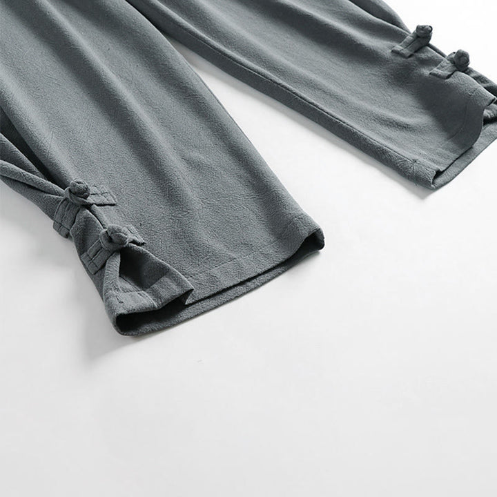 Buddha Stones Pantalones de lino y algodón para hombre, con cintura elástica, cordón ajustable y botones de rana, hasta el tobillo, con bolsillos, para verano - image 8