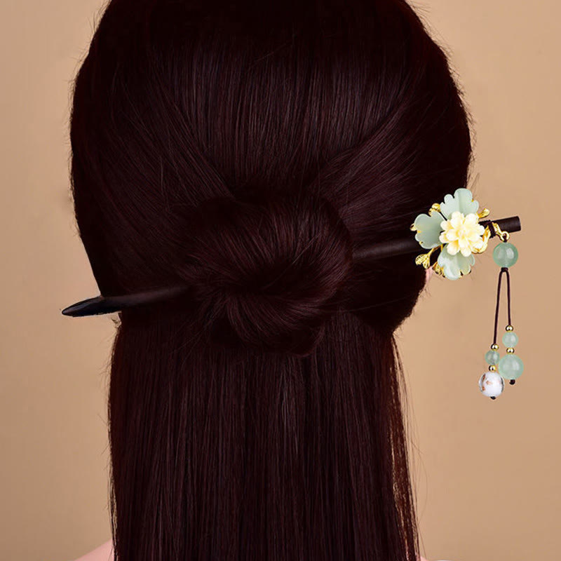 Buddha Stones Horquilla de madera de vidrio Liuli con flor verde, amarilla y blanca - image 4