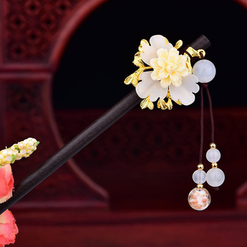 Buddha Stones Horquilla de madera de vidrio Liuli con flor verde, amarilla y blanca - Blanco - image 7