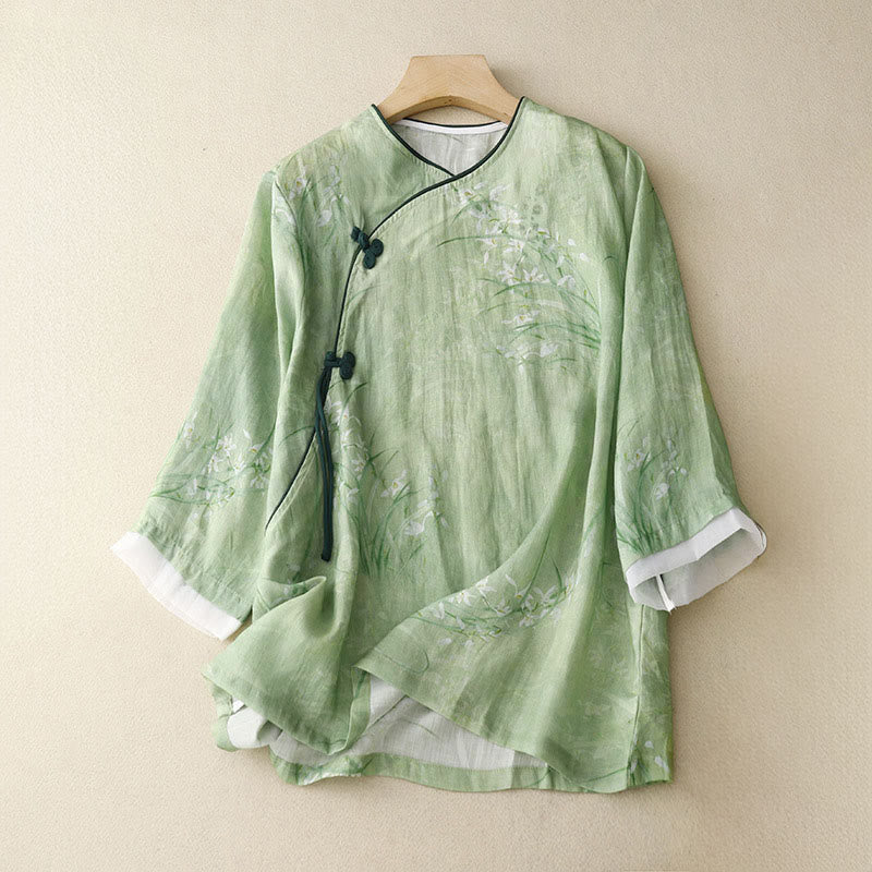 Buddha Stones Camisa de mujer con manga tres cuartos y diseño de rana con flores rojas y orquídea blanca - Verde claro - US14，UK/AU18，EU46 (2XL) - image 0