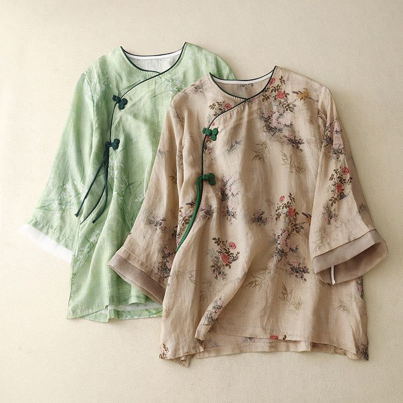 Buddha Stones Camisa de mujer con manga tres cuartos y diseño de rana con flores rojas y orquídea blanca - image 17