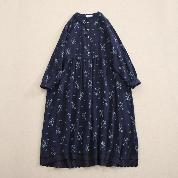 Buddha Stones Vestido midi de manga larga con cuello redondo y bolsillos, estampado floral pequeño de primavera y botones. - Azul acero - US4-8/10, UK/AU8-12/14, EU36-40/42 (F) - image 0