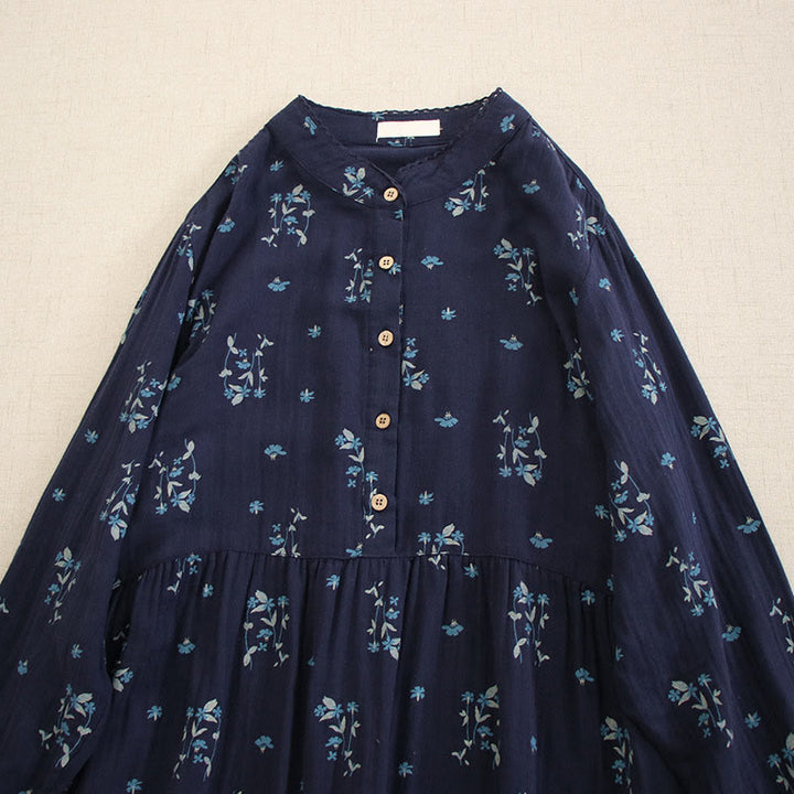 Buddha Stones Vestido midi de manga larga con cuello redondo y bolsillos, estampado floral pequeño de primavera y botones. - image 1