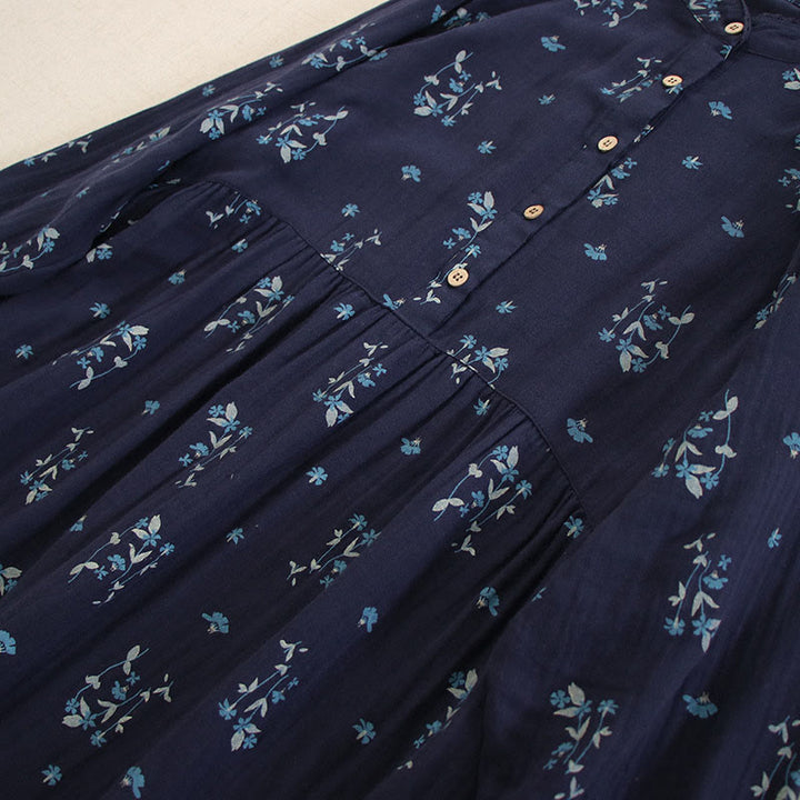 Buddha Stones Vestido midi de manga larga con cuello redondo y bolsillos, estampado floral pequeño de primavera y botones. - image 6