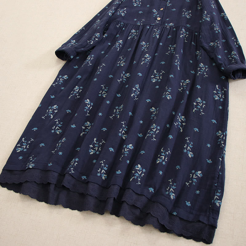 Buddha Stones Vestido midi de manga larga con cuello redondo y bolsillos, estampado floral pequeño de primavera y botones. - image 4